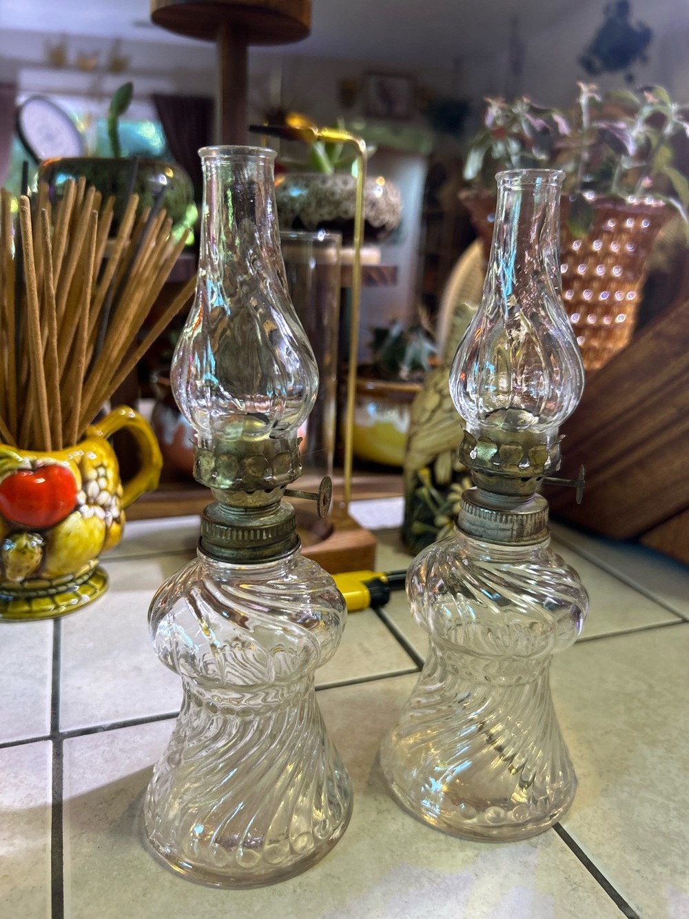 Pair of vintage clear glass miniature hurricane lamps